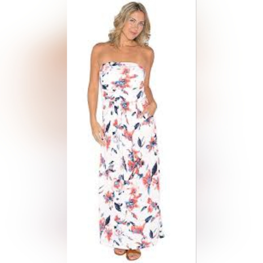 Vanilla Bay strapless tropical maxi dress